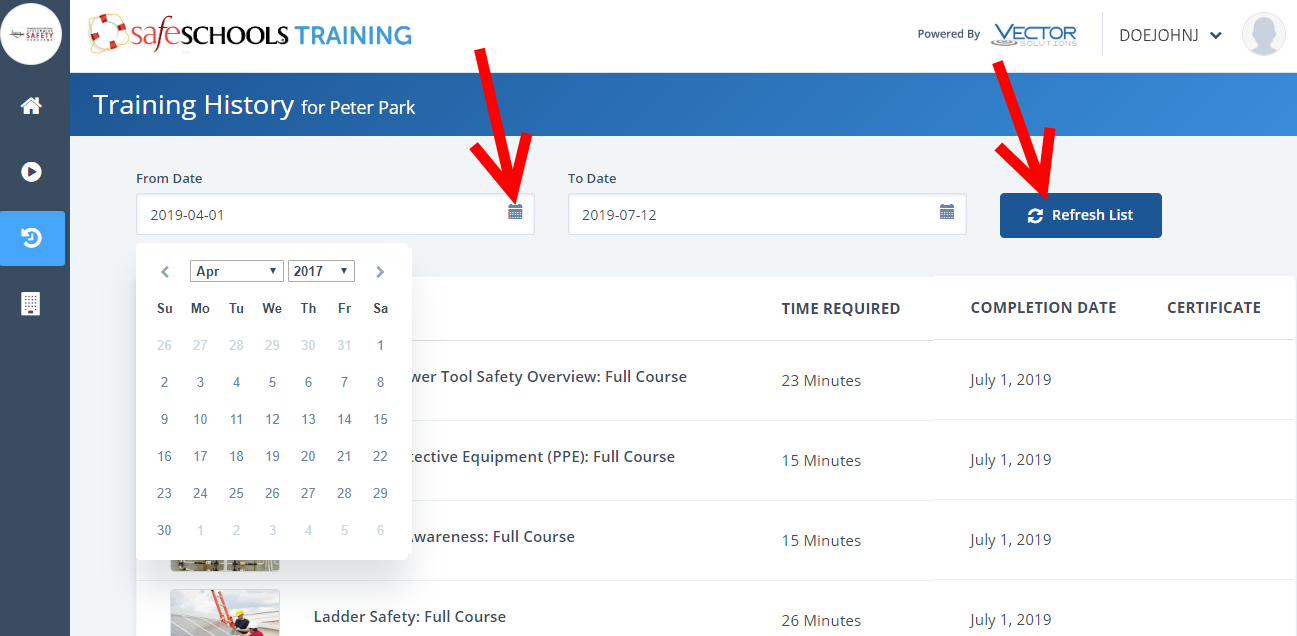 SafeSchools Training History Date