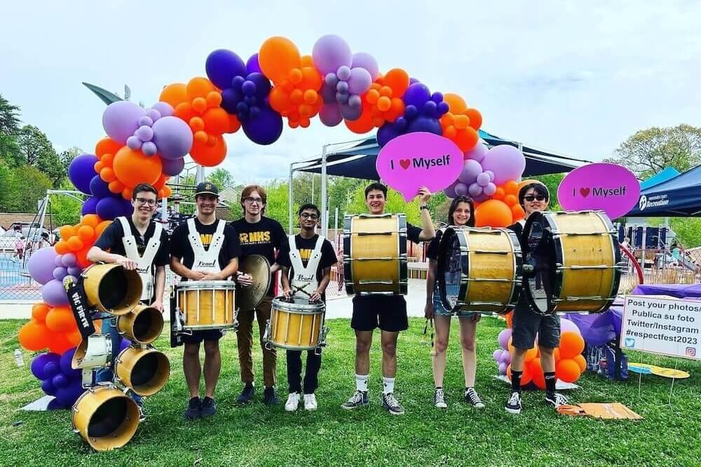 A group of seven students from Richard Montgomery High School with their drum equipment