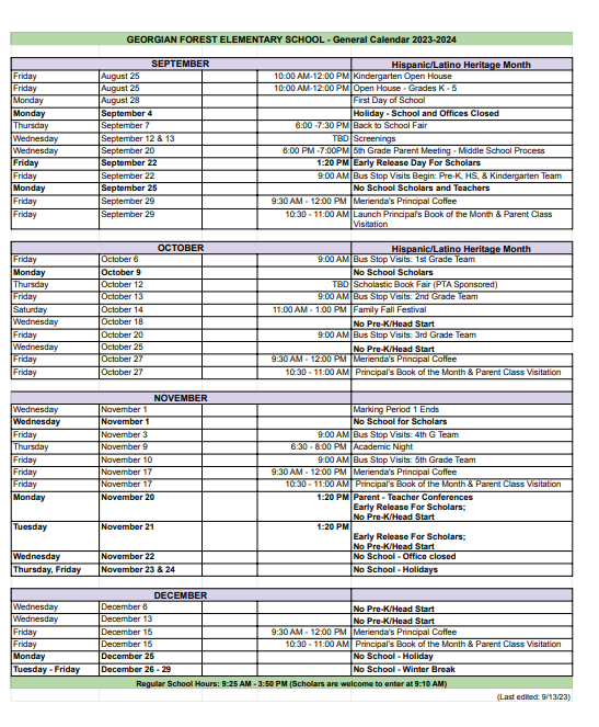 Calendar of Events English