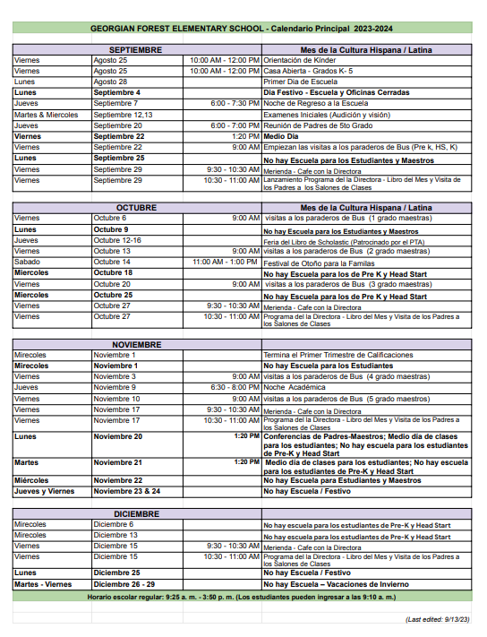 Calendar of Events Spanish