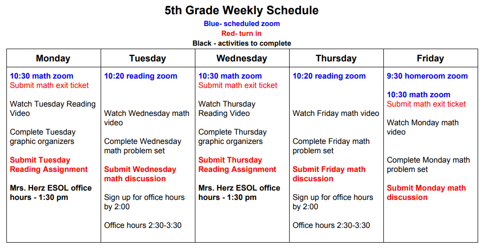 5th grade learning schedule