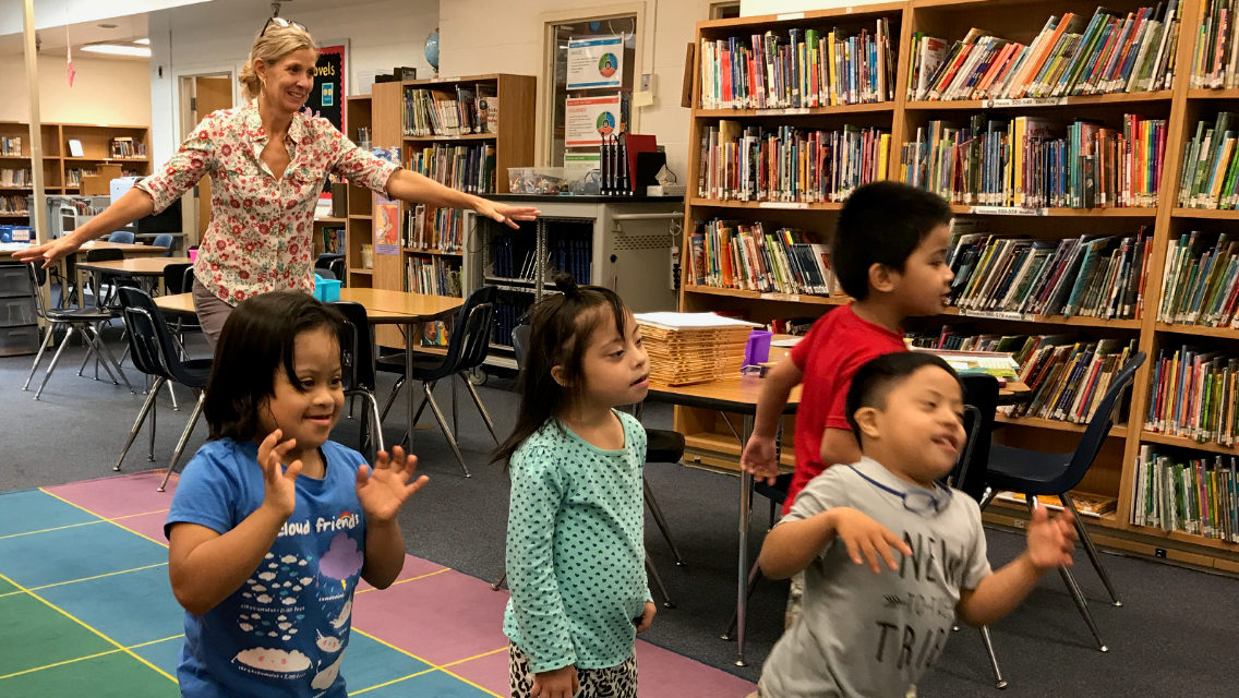 Ms. Musy's Class Enjoys a Movement Break in Media Center